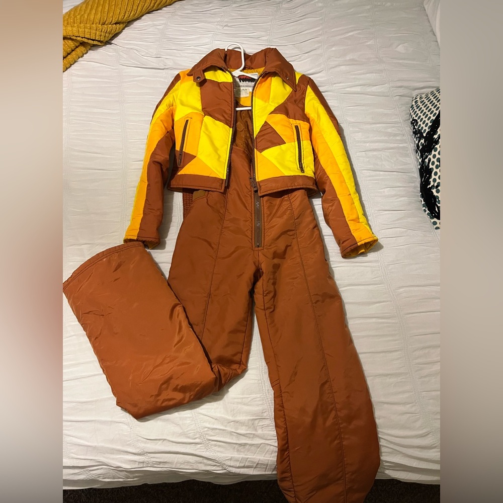 Vintage Topher Yellow and Brown Ski Jacket and Bibs